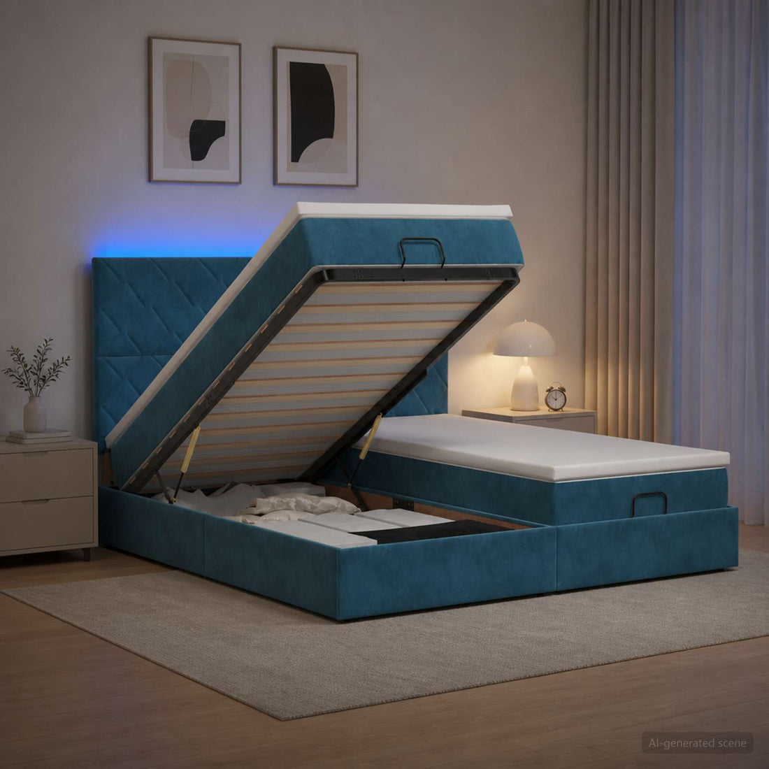 vidaXL Cama tipo otomana con colchón y LED Azul oscuro 180 x 200 cm