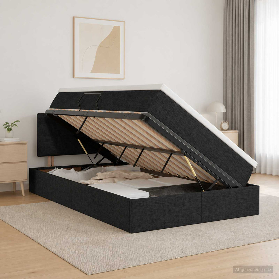 vidaXL Cama de almacenamiento LED con colchón Negro 120 x 200 cm Tela