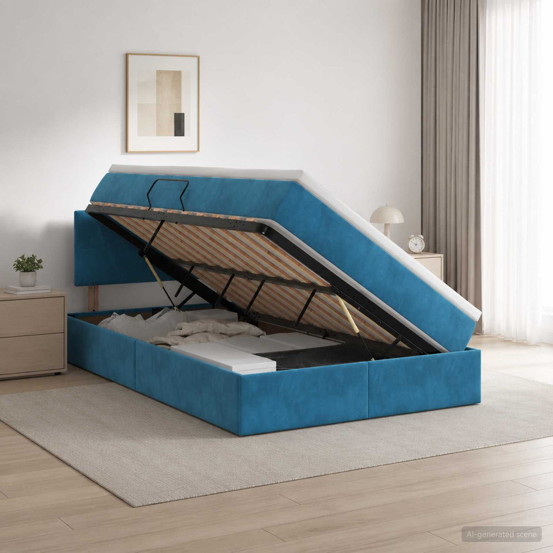 vidaXL Cama de almacenamiento LED con colchón Azul Oscuro 120 x 200 cm