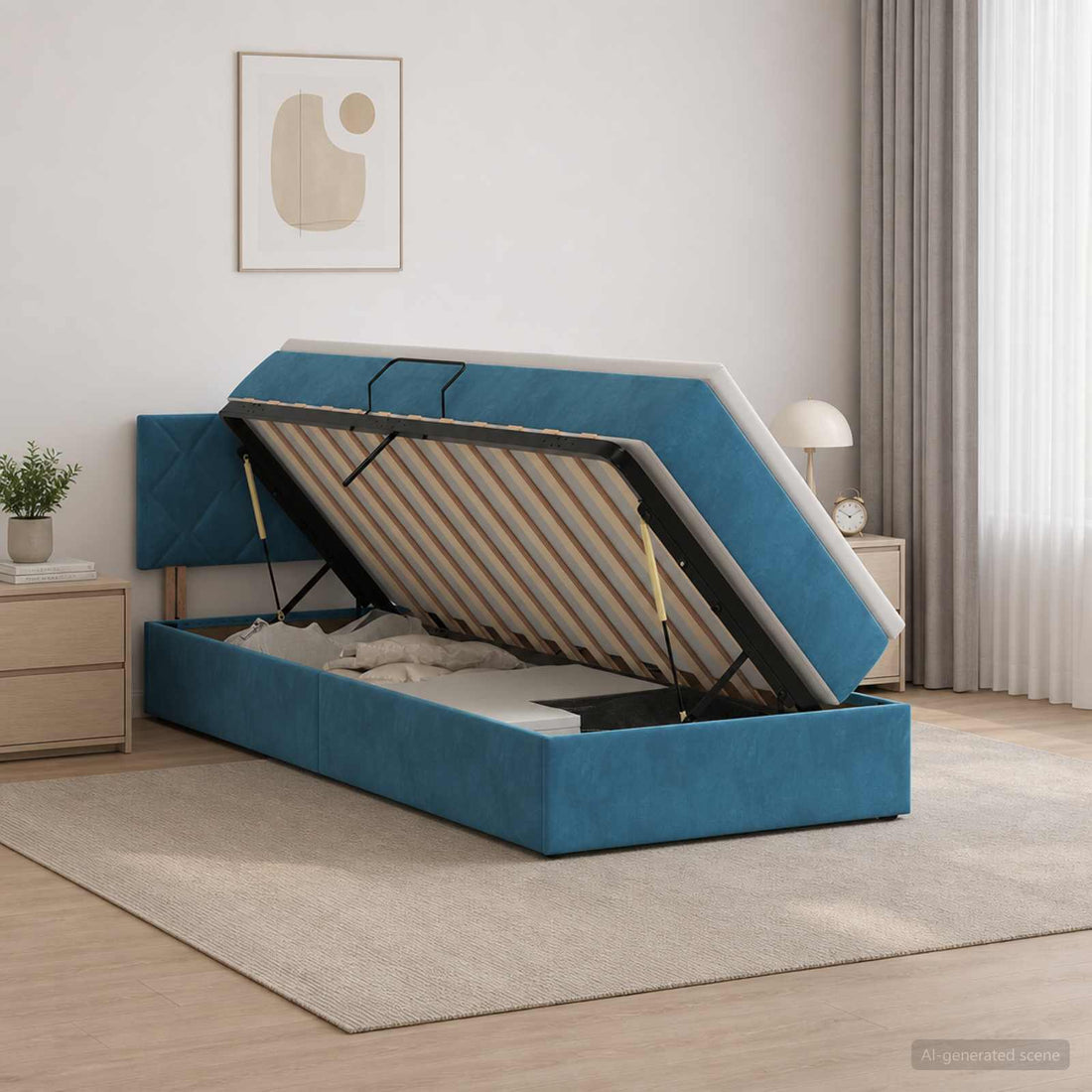 vidaXL Cama de almacenamiento LED con colchón Azul Oscuro 100 x 200 cm
