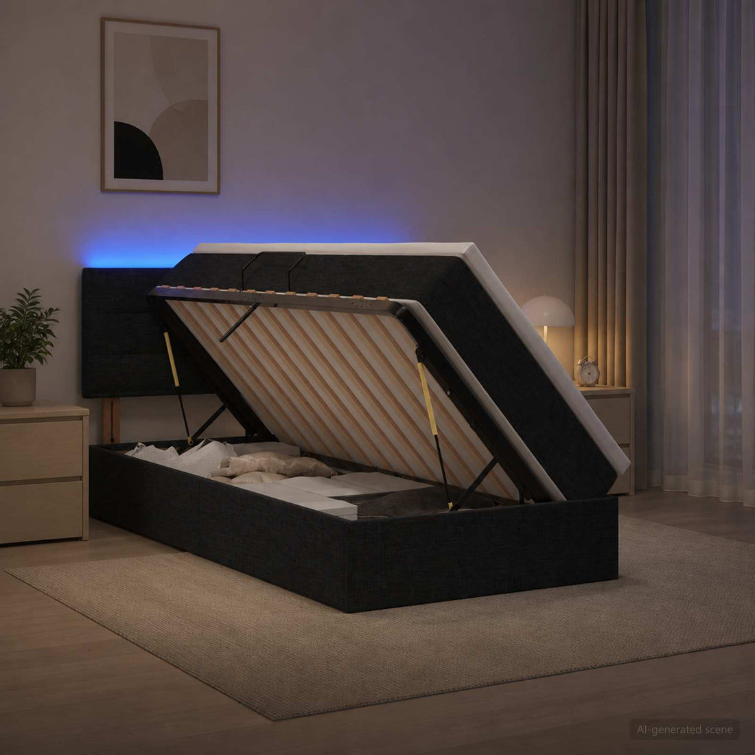 vidaXL Cama de almacenamiento LED con colchón Negro 100 x 200 cm Tela