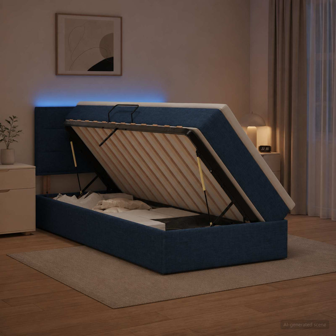 vidaXL Cama de almacenamiento LED con colchón Azul 100 x 200 cm Tela