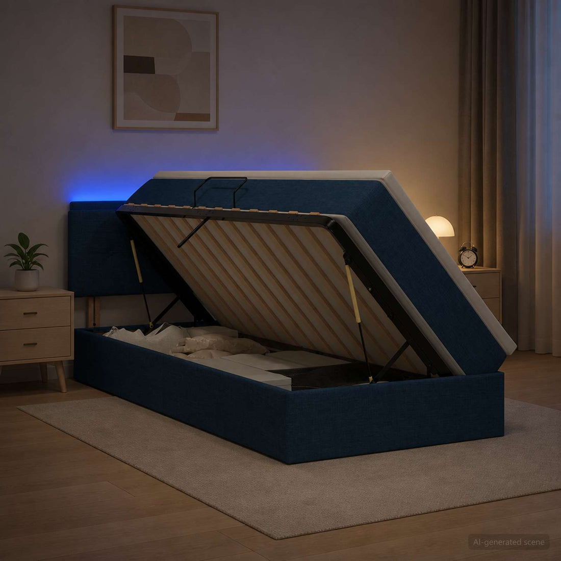 vidaXL Cama de almacenamiento LED con colchón Azul 100 x 200 cm Tela