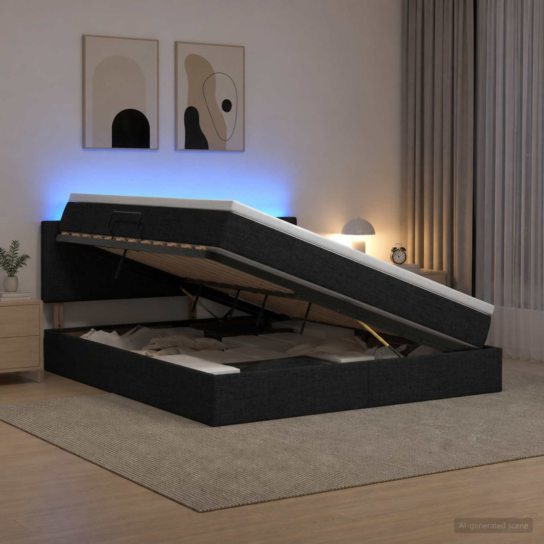 vidaXL Cama de almacenamiento LED con colchón Negro 180 x 200 cm Tela