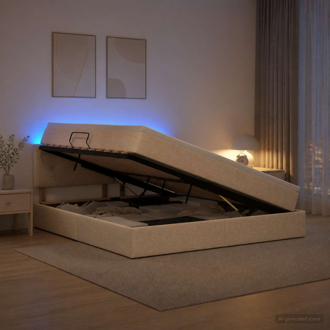vidaXL Cama de almacenamiento LED con colchón Crema 140 x 190 cm Tela