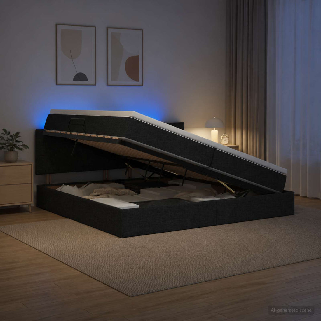 vidaXL Cama de almacenamiento LED con colchón Negro 200 x 200 cm Tela