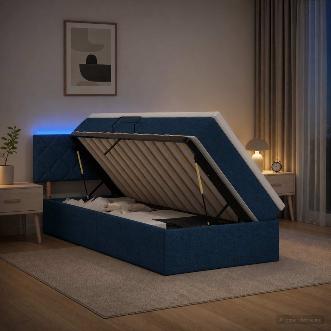 vidaXL Cama de almacenamiento LED con colchón Azul 90 x 200 cm Tela