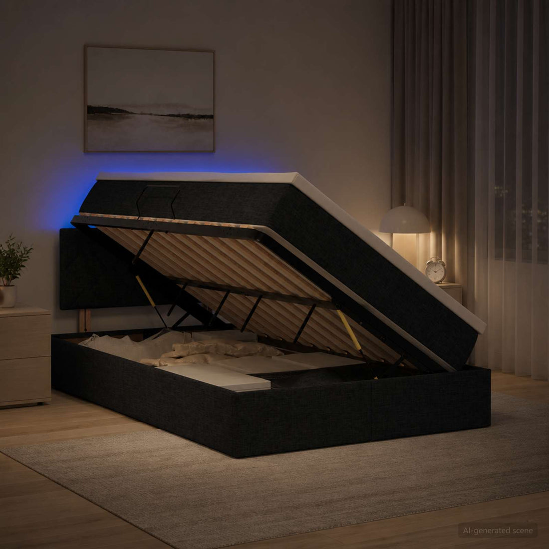 vidaXL Cama de almacenamiento LED con colchón Negro 120 x 200 cm Tela
