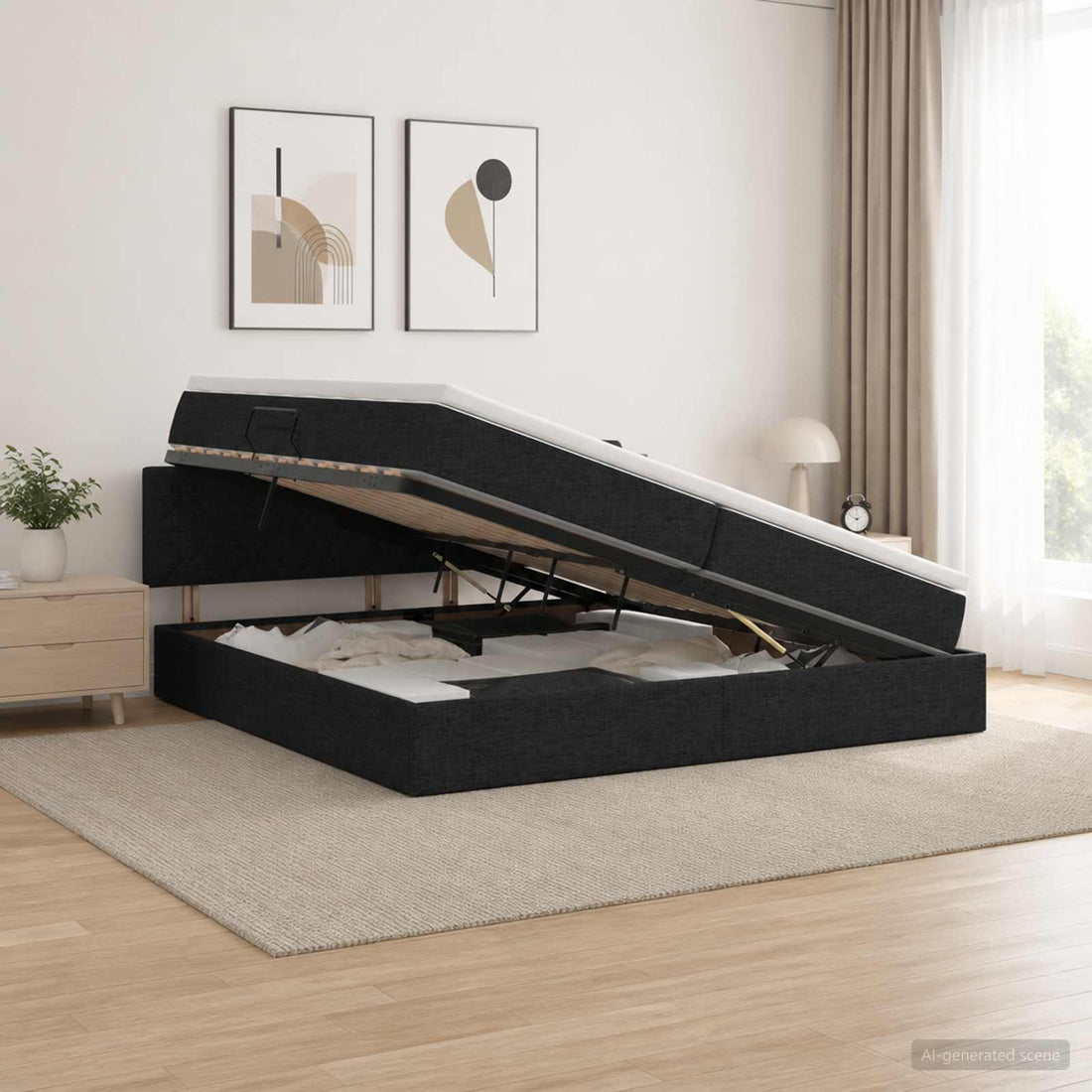 vidaXL Cama de almacenamiento LED con colchón Negro 200 x 200 cm Tela