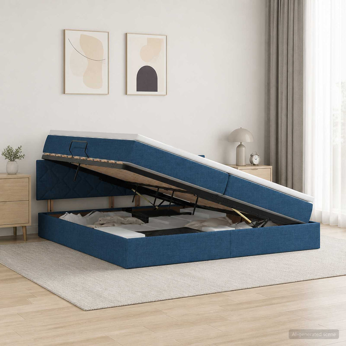 vidaXL Cama de almacenamiento LED con colchón Azul 200 x 200 cm Tela