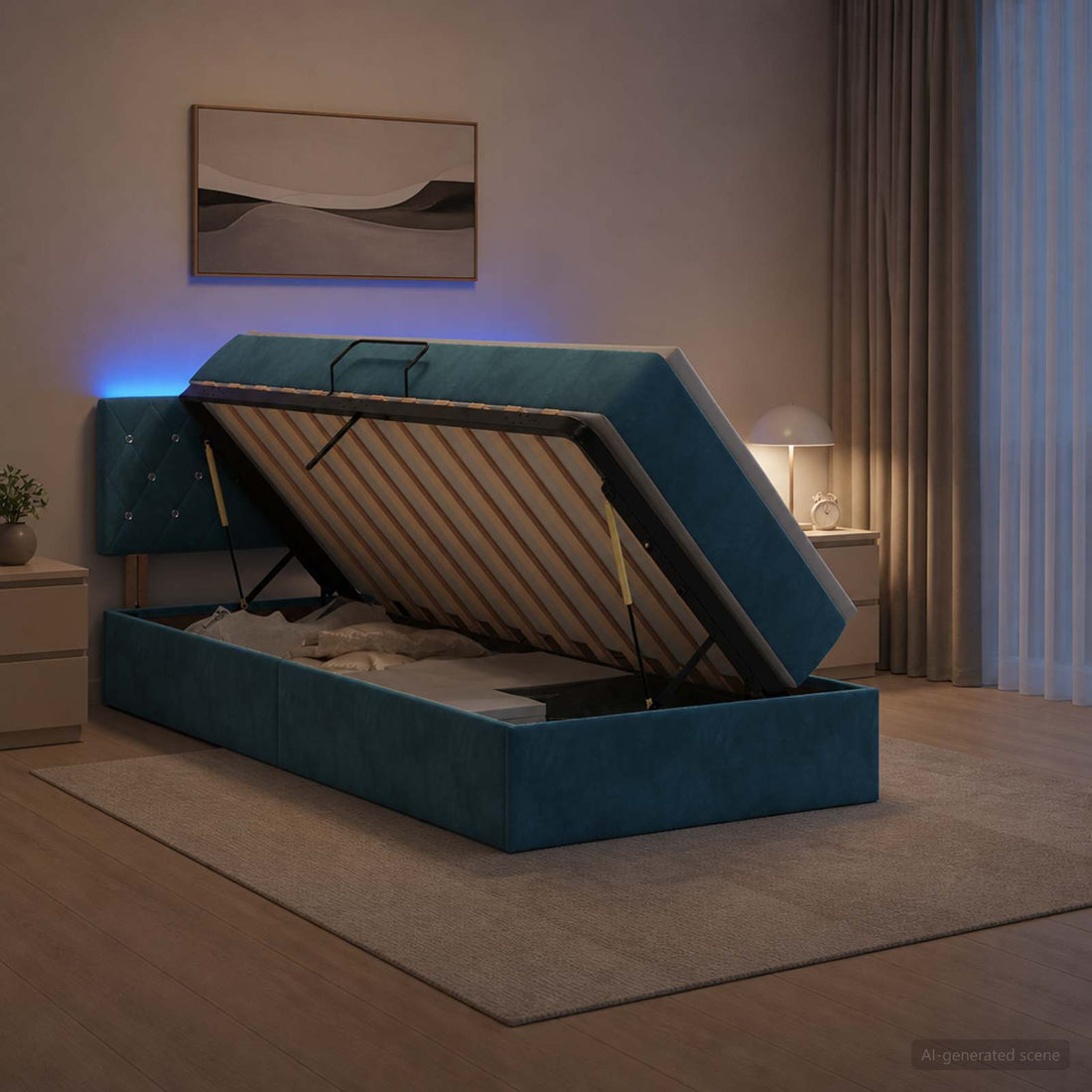vidaXL Cama de almacenamiento LED con colchón Azul Oscuro 90 x 200 cm