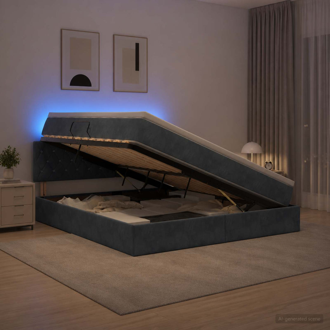 vidaXL Cama de almacenamiento LED con colchón Gris oscuro 180 x 200 cm