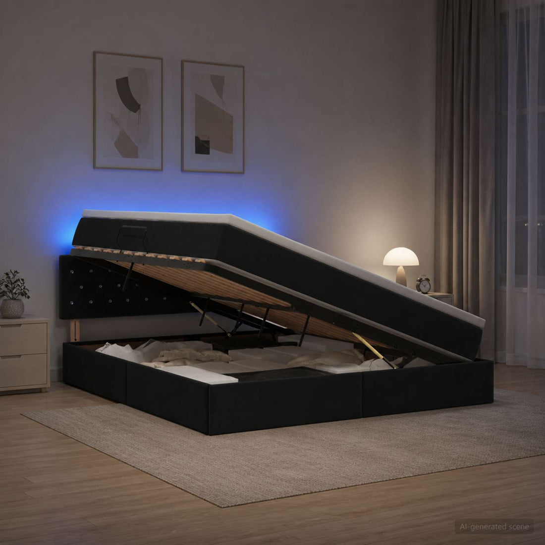 vidaXL Cama de almacenamiento LED con colchón Negro 180 x 200 cm