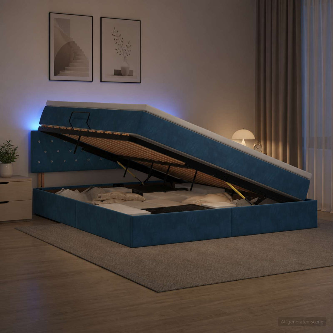 vidaXL Cama de almacenamiento LED con colchón Azul Oscuro 160 x 200 cm