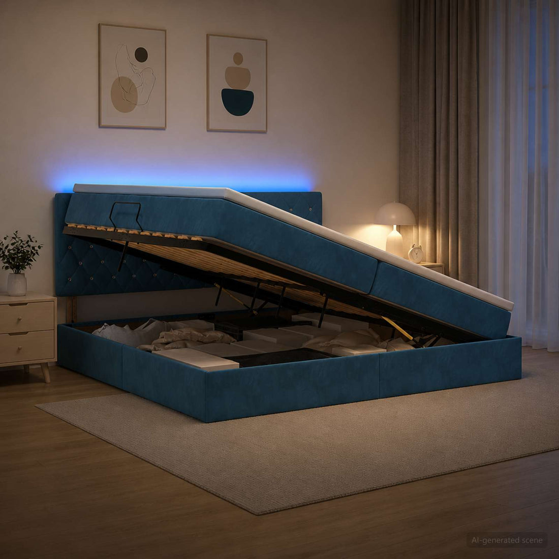 vidaXL Cama de almacenamiento LED con colchón Azul Oscuro 200 x 200 cm
