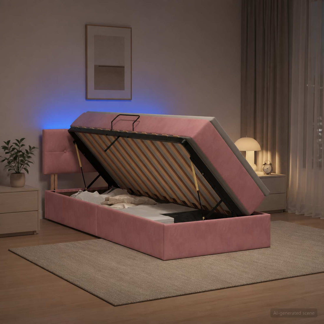 vidaXL Cama de almacenamiento LED con colchón Rosa 100 x 200 cm