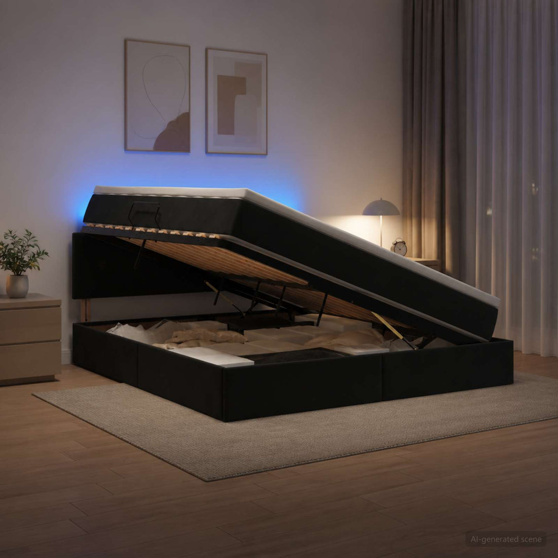 vidaXL Cama de almacenamiento LED con colchón Negro 160 x 200 cm
