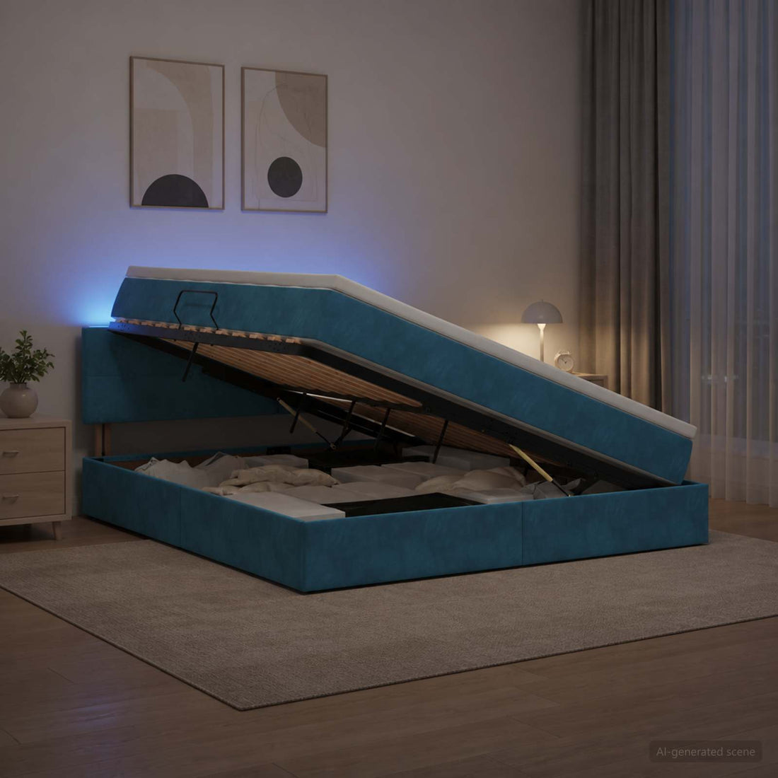 vidaXL Cama de almacenamiento LED con colchón Azul Oscuro 140 x 200 cm