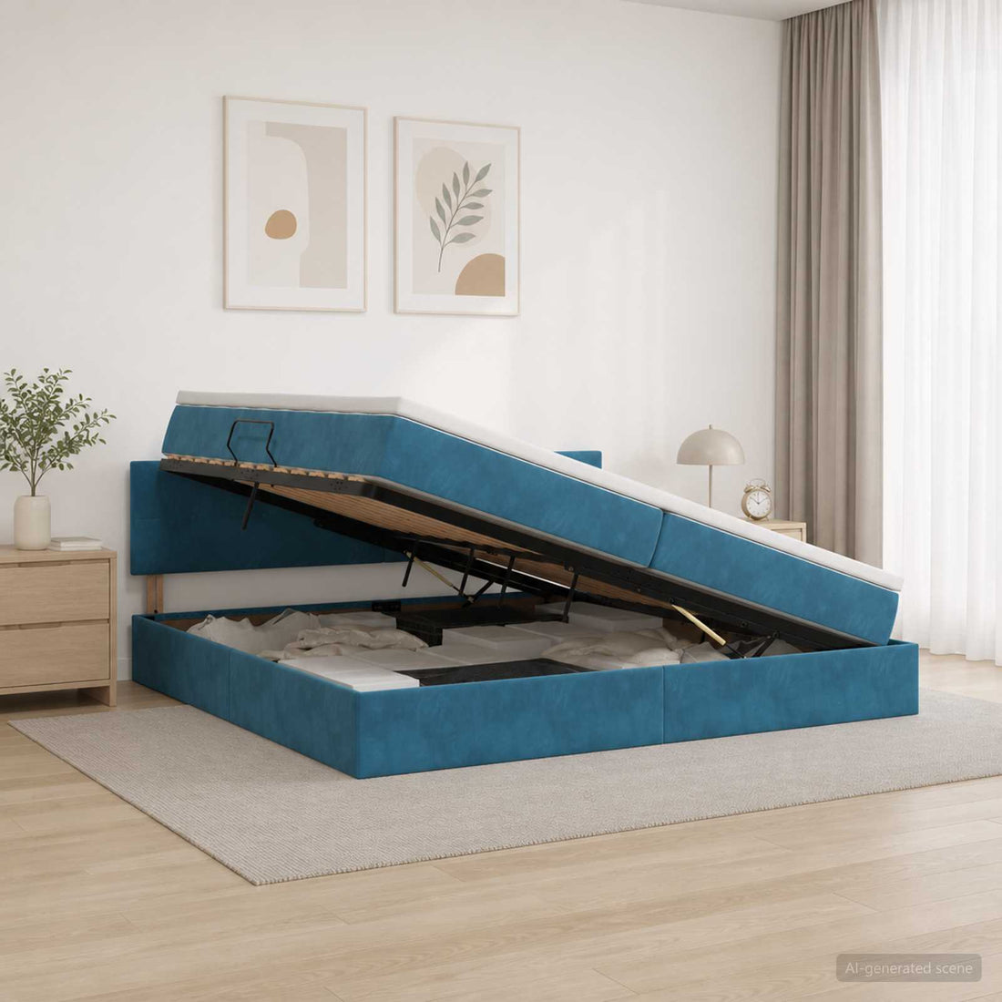vidaXL Cama de almacenamiento LED con colchón Azul Oscuro 200 x 200 cm