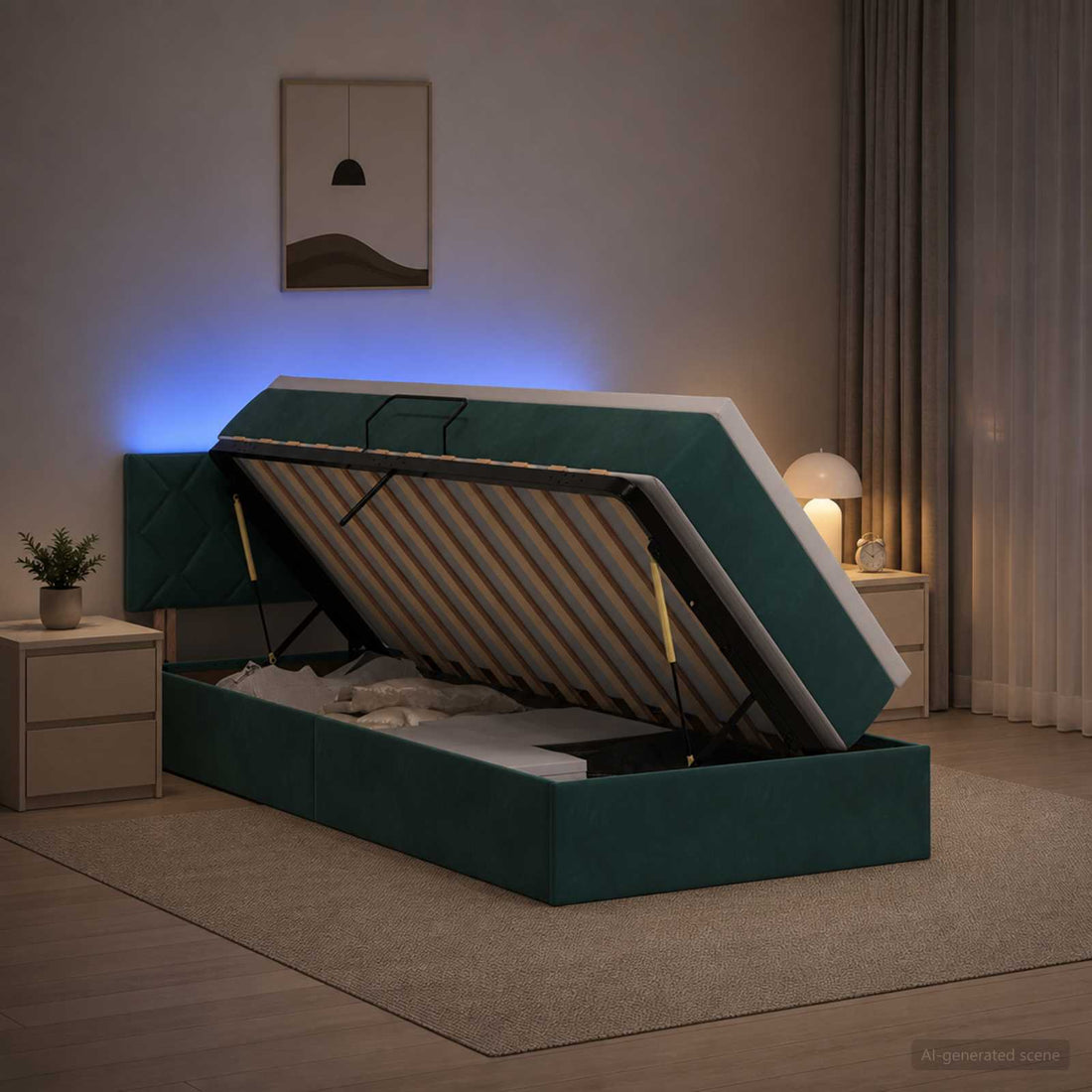 vidaXL Cama de almacenamiento LED con colchón Verde oscuro 90 x 200 cm