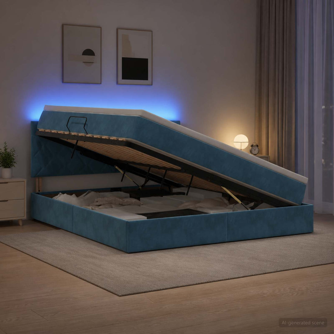 vidaXL Cama de almacenamiento LED con colchón Azul Oscuro 180 x 200 cm