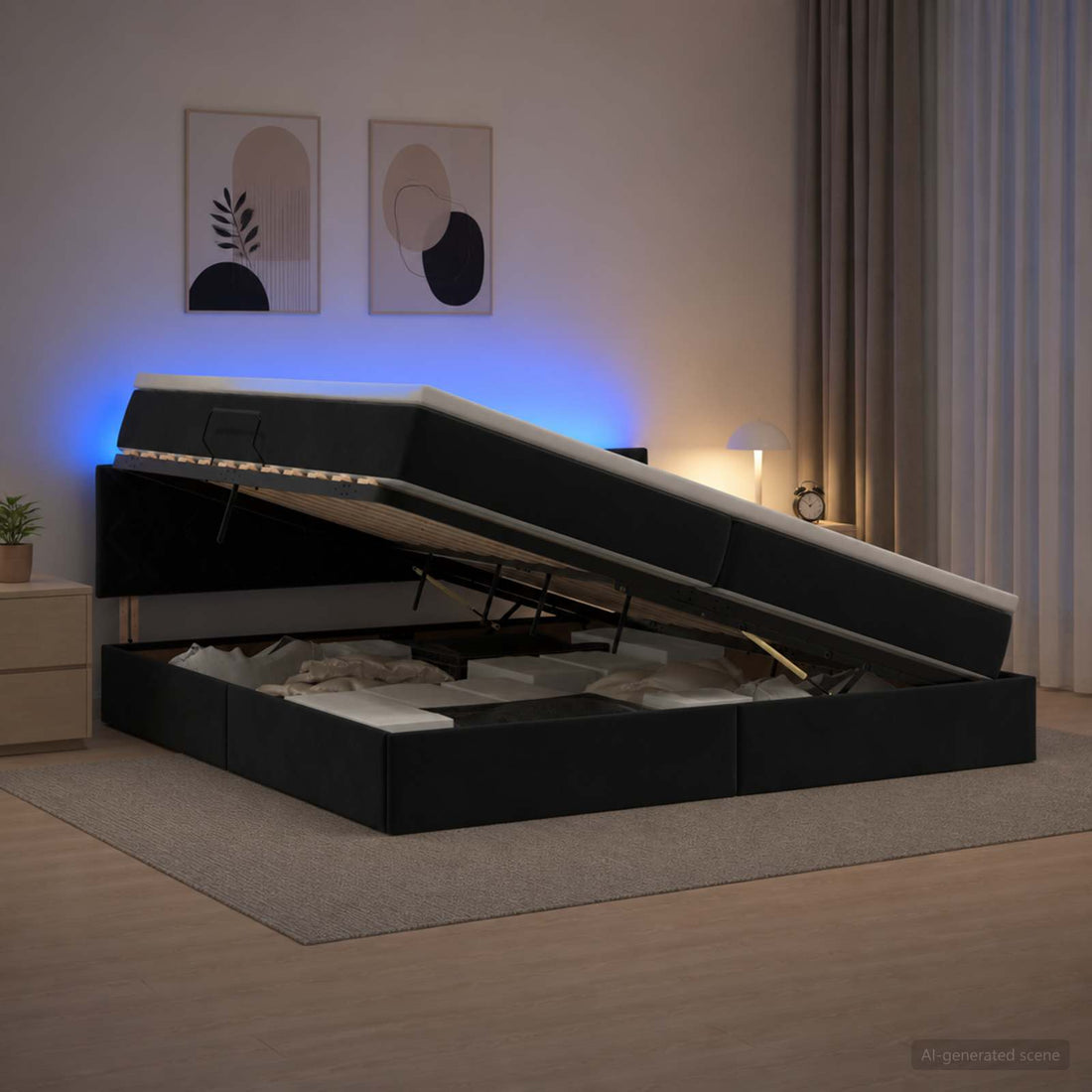 vidaXL Cama de almacenamiento LED con colchón Negro 200 x 200 cm