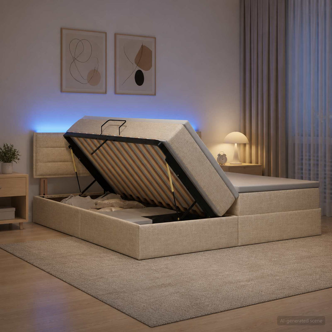 vidaXL Cama de almacenamiento LED con colchón Crema 200 x 200 cm Tela