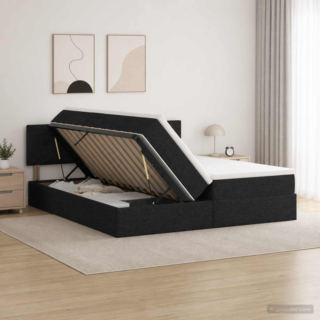 vidaXL Cama de almacenamiento LED con colchón Negro 200 x 200 cm Tela