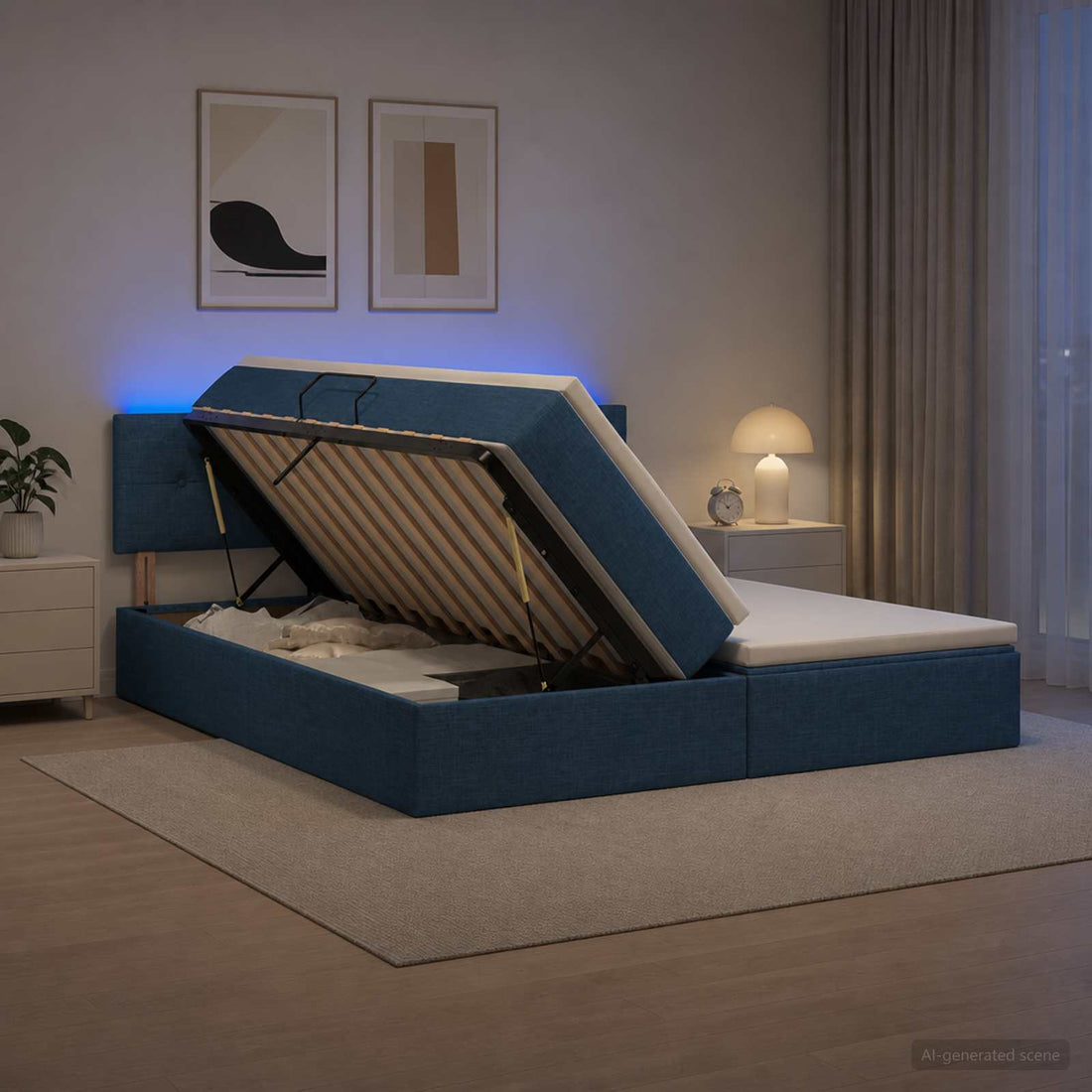 vidaXL Cama de almacenamiento LED con colchón Azul 180 x 200 cm Tela