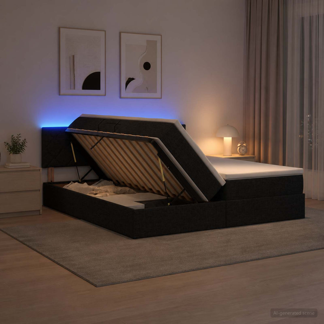 vidaXL Cama de almacenamiento LED con colchón Negro 180 x 200 cm Tela