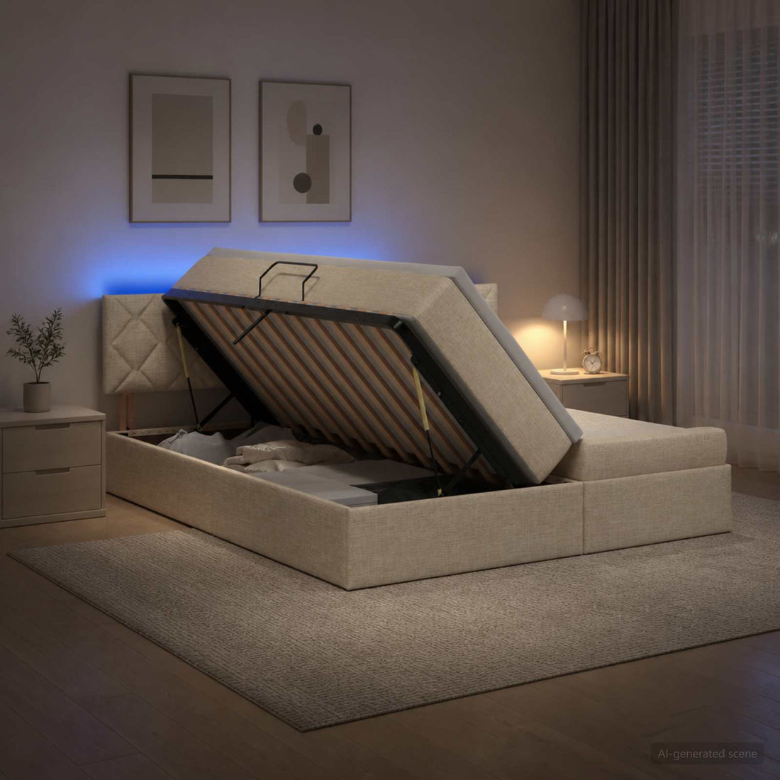 vidaXL Cama de almacenamiento LED con colchón Crema 180 x 200 cm Tela