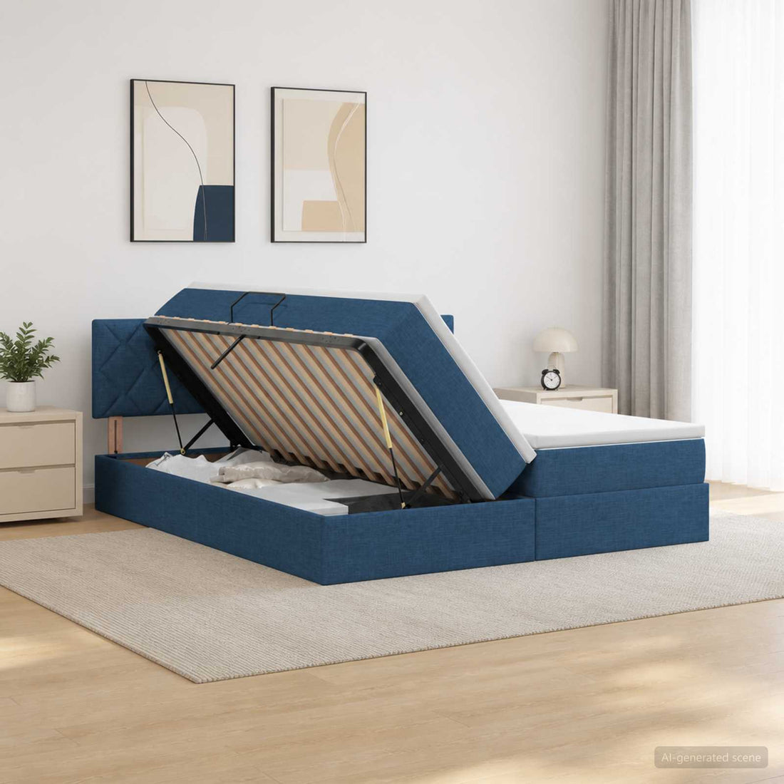 vidaXL Cama de almacenamiento LED con colchón Azul 200 x 200 cm Tela