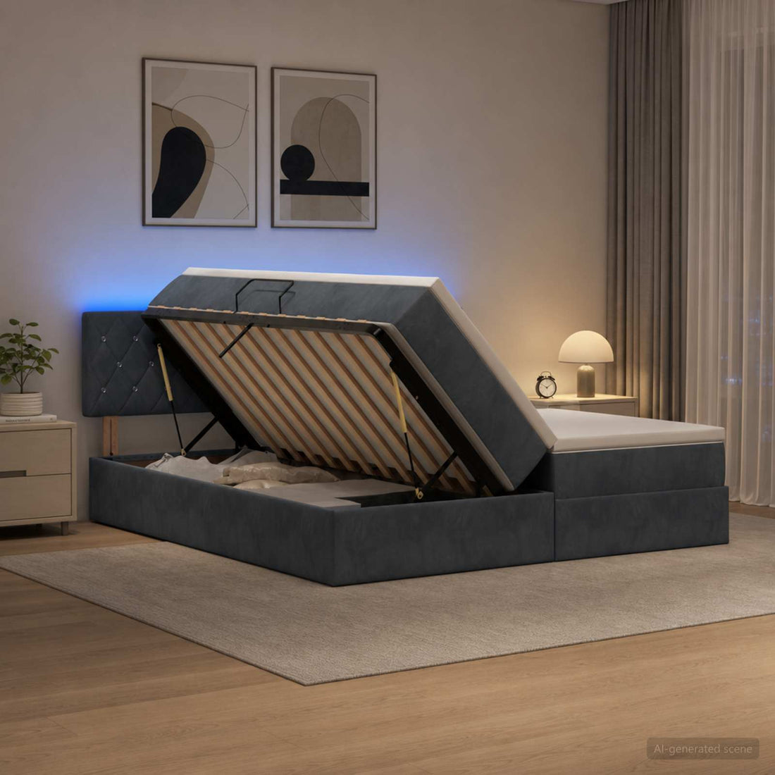 vidaXL Cama de almacenamiento LED con colchón Gris oscuro 180 x 200 cm