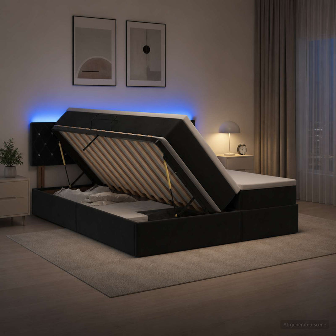 vidaXL Cama de almacenamiento LED con colchón Negro 200 x 200 cm