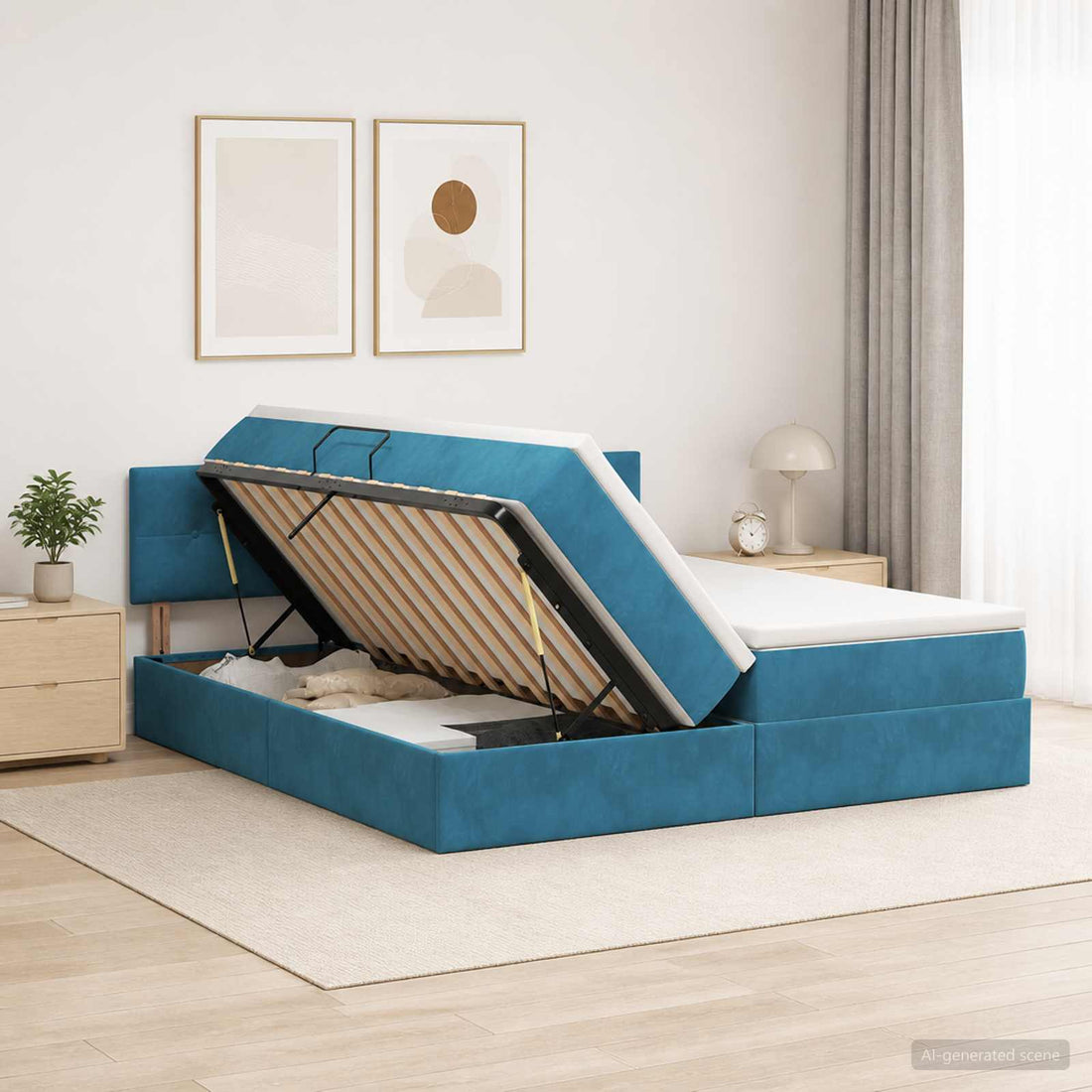 vidaXL Cama de almacenamiento LED con colchón Azul Oscuro 200 x 200 cm