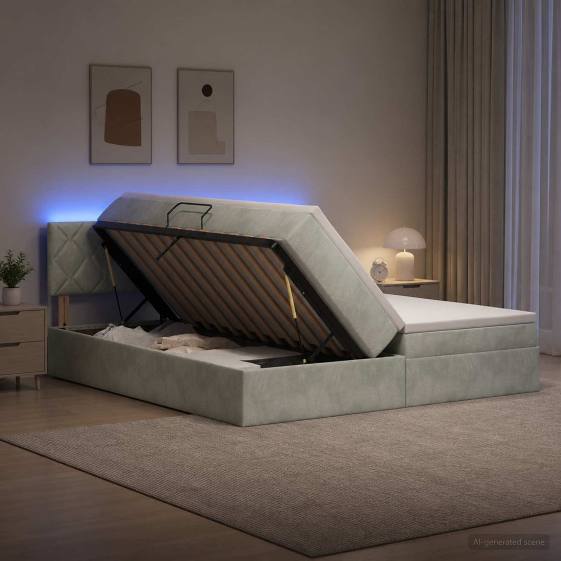 vidaXL Cama de almacenamiento LED con colchón Gris Claro 200 x 200 cm
