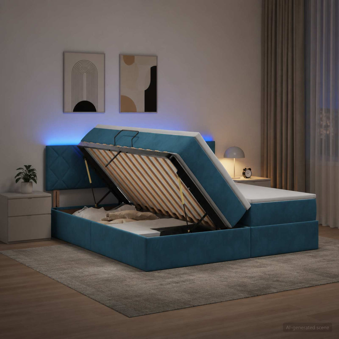 vidaXL Cama de almacenamiento LED con colchón Azul Oscuro 180 x 200 cm