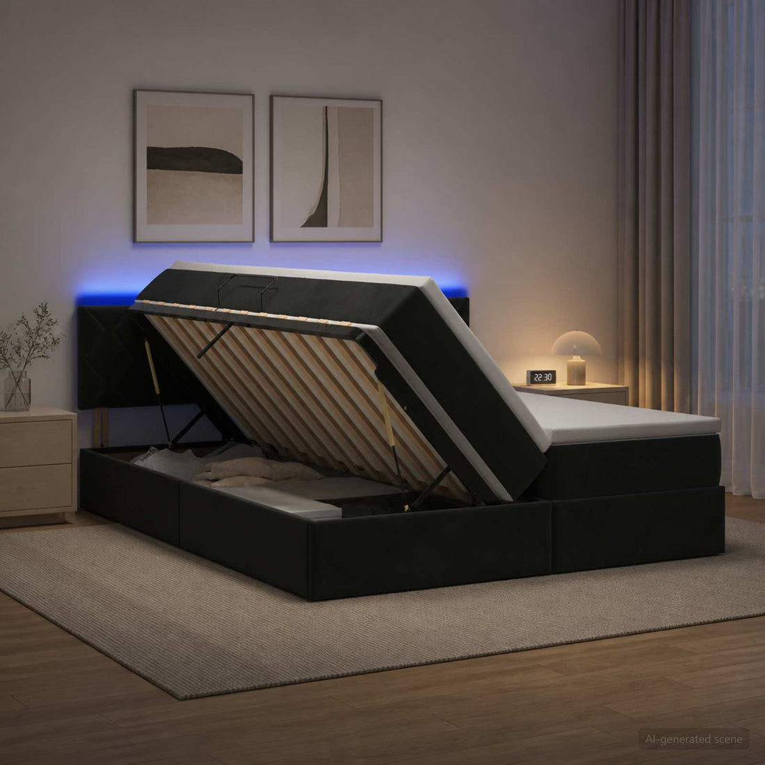 vidaXL Cama de almacenamiento LED con colchón Negro 200 x 200 cm