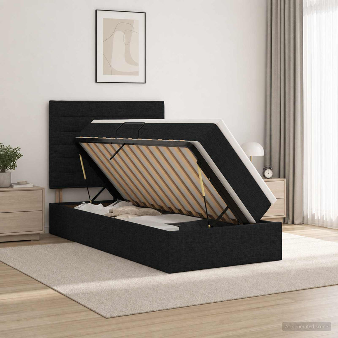 vidaXL Cama de almacenamiento LED con colchón Negro 90 x 200 cm Tela