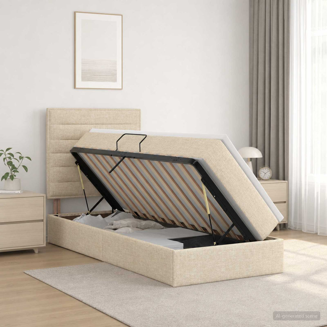 vidaXL Cama con almacenamiento y colchón Crema 100 x 200 cm tela