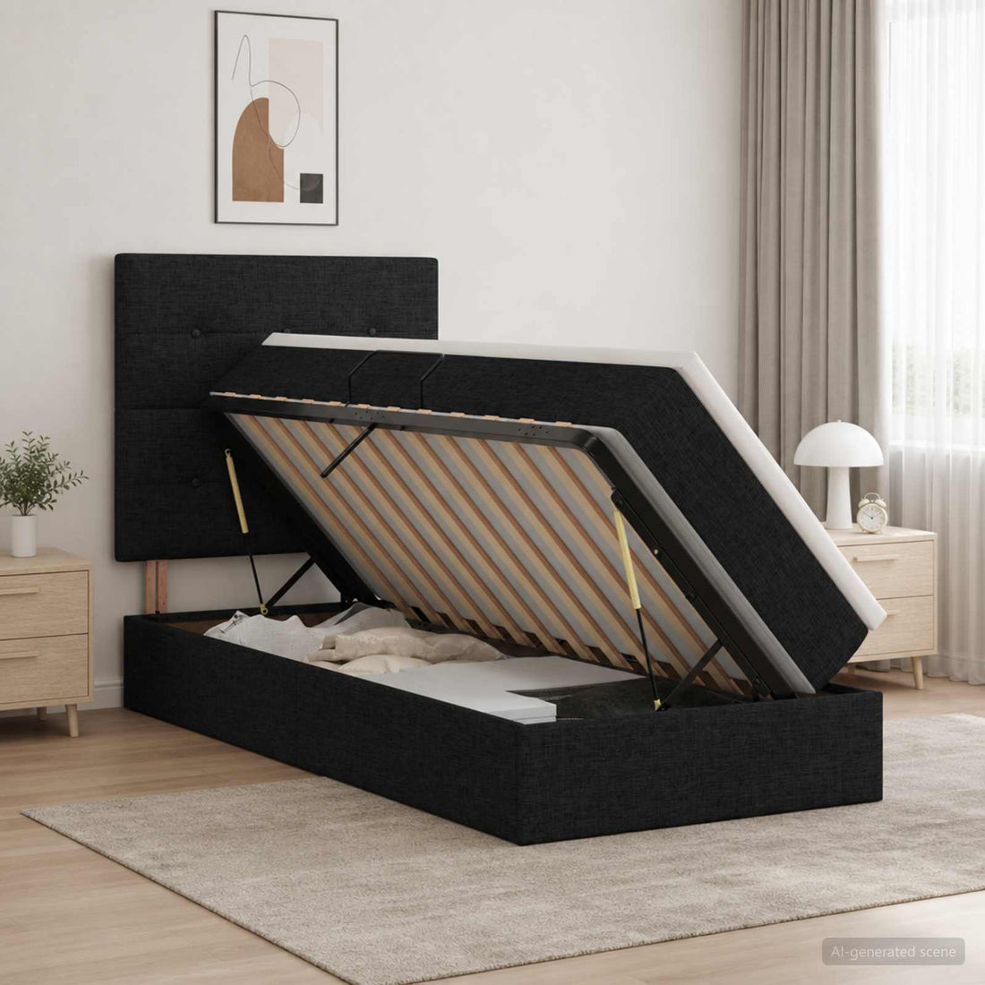 vidaXL Cama de almacenamiento LED con colchón Negro 100 x 200 cm Tela