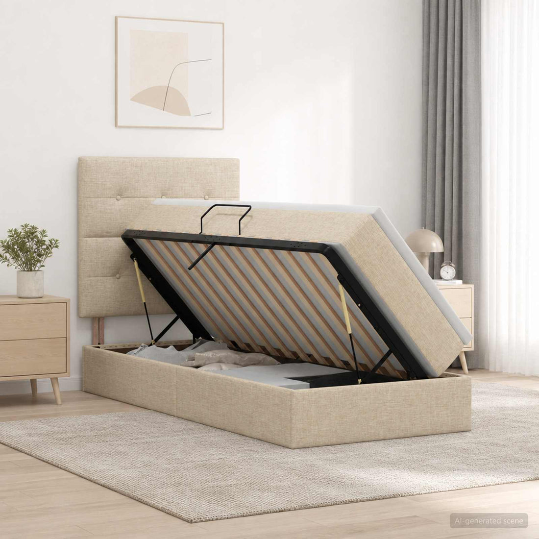 vidaXL Cama con almacenamiento y colchón Crema 90 x 190 cm tela
