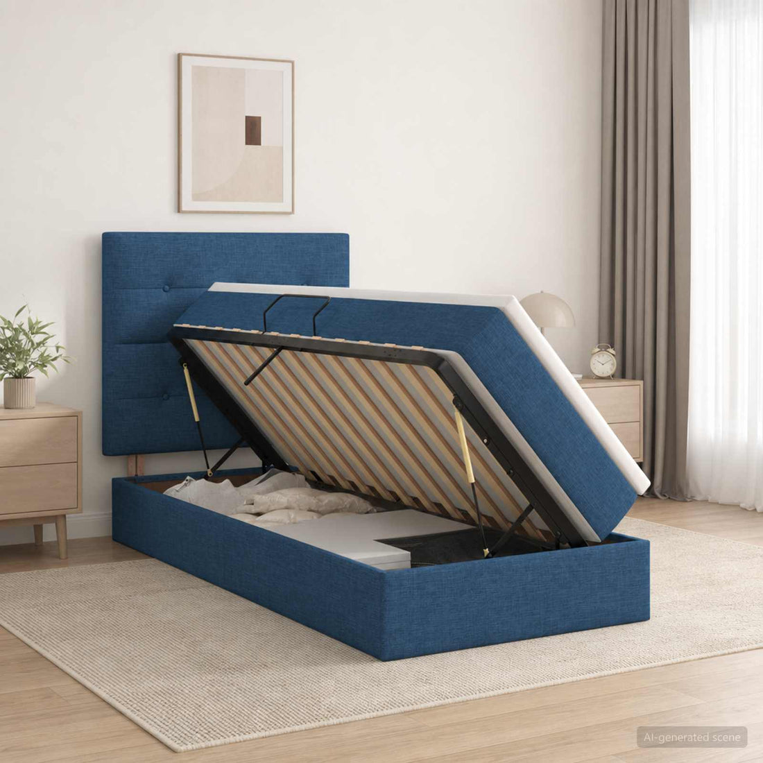 vidaXL Cama con almacenamiento y colchón Azul 100 x 200 cm tela