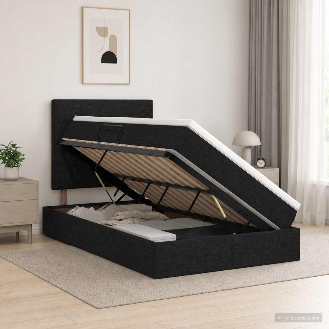 vidaXL Cama con almacenamiento y colchón Negro 120 x 200 cm tela