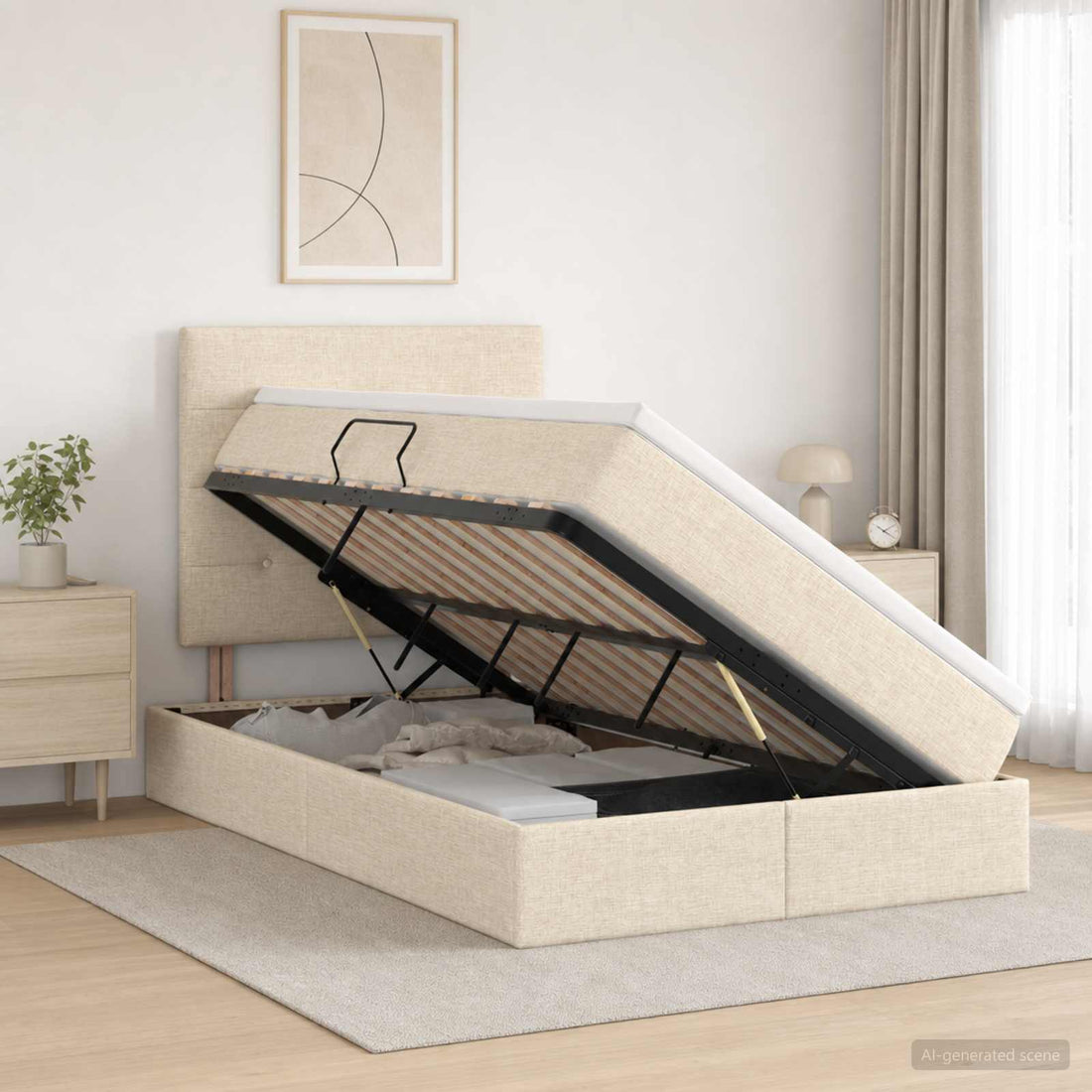 vidaXL Cama con almacenamiento y colchón Crema 120 x 200 cm tela