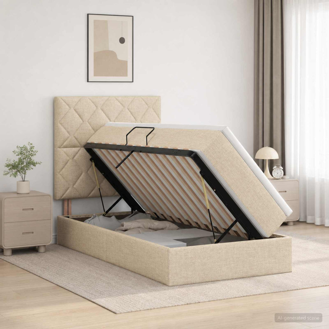 vidaXL Cama con almacenamiento y colchón Crema 90 x 200 cm tela