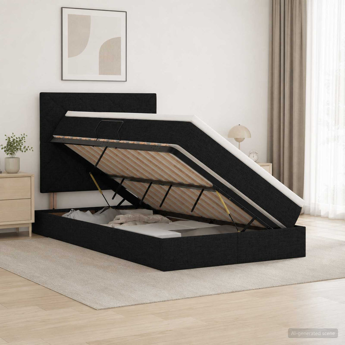vidaXL Cama de almacenamiento LED con colchón Negro 120 x 200 cm Tela