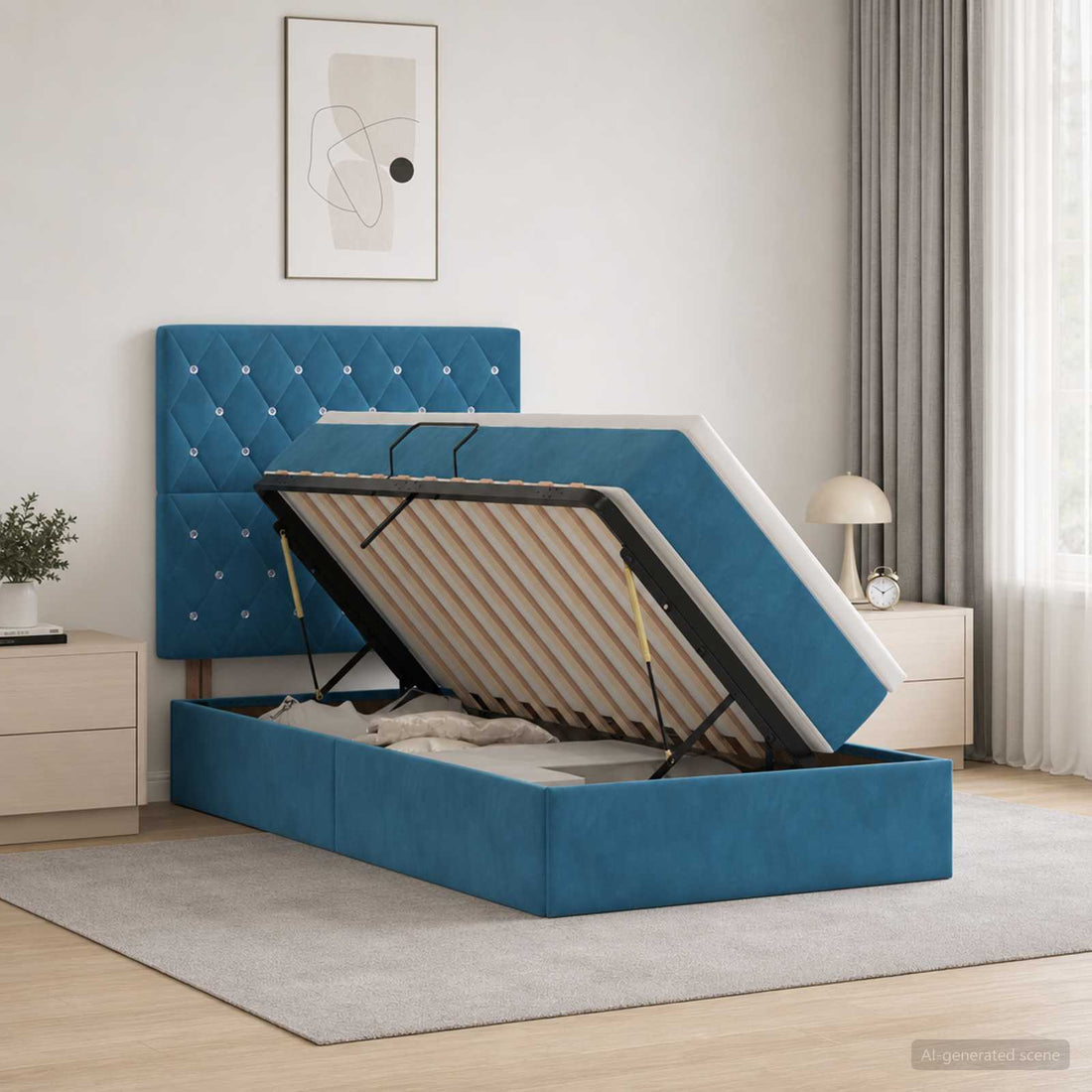 vidaXL Cama de almacenamiento LED con colchón Azul Oscuro 100 x 200 cm
