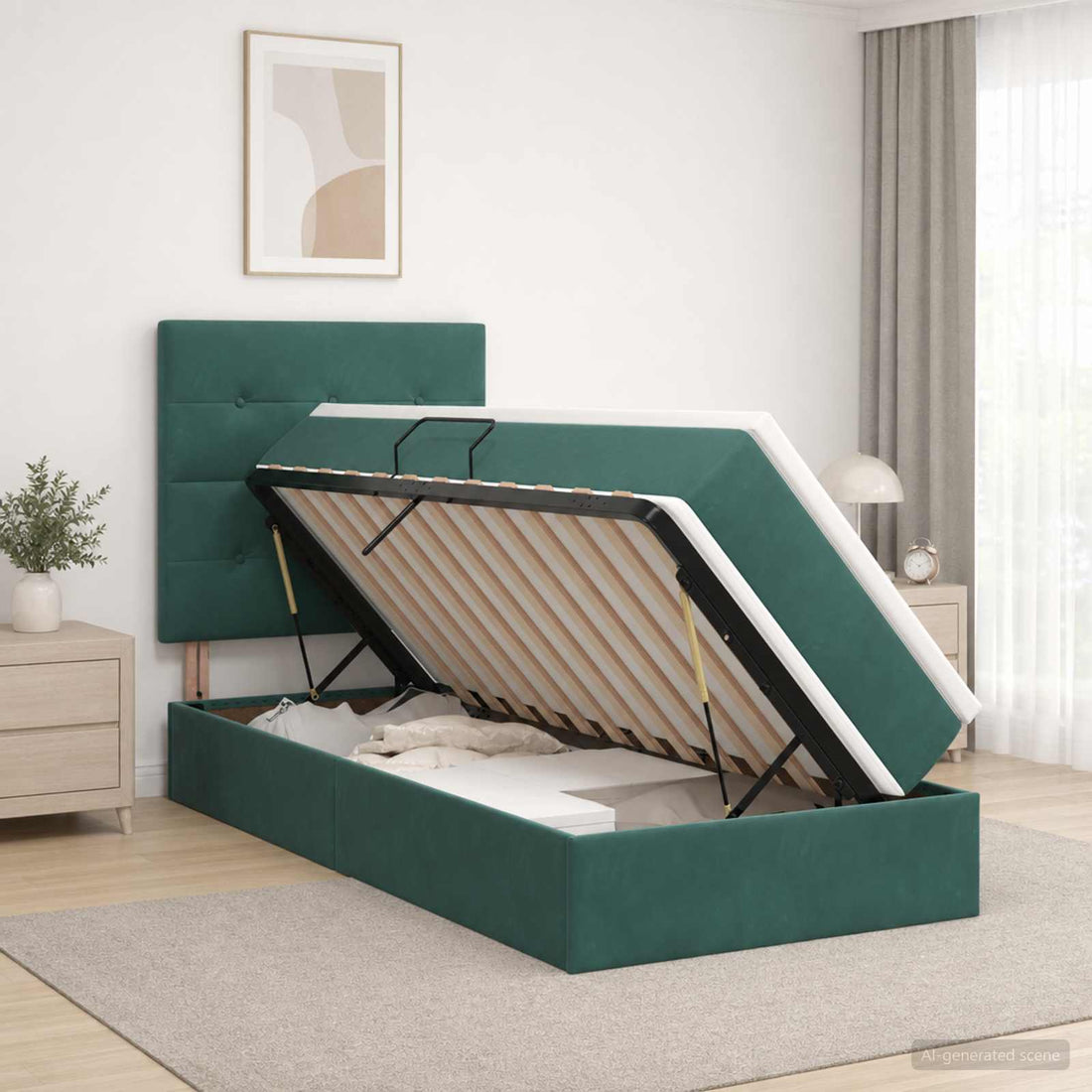 vidaXL Cama con almacenamiento y colchón Verde oscuro 100 x 200 cm