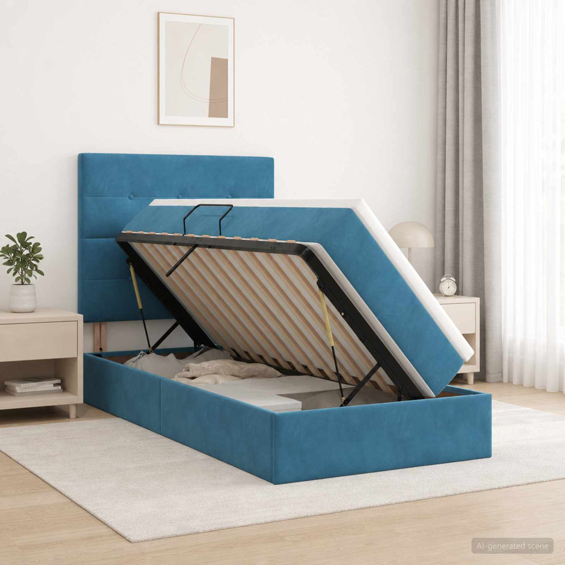 vidaXL Cama de almacenamiento LED con colchón Azul Oscuro 90 x 200 cm